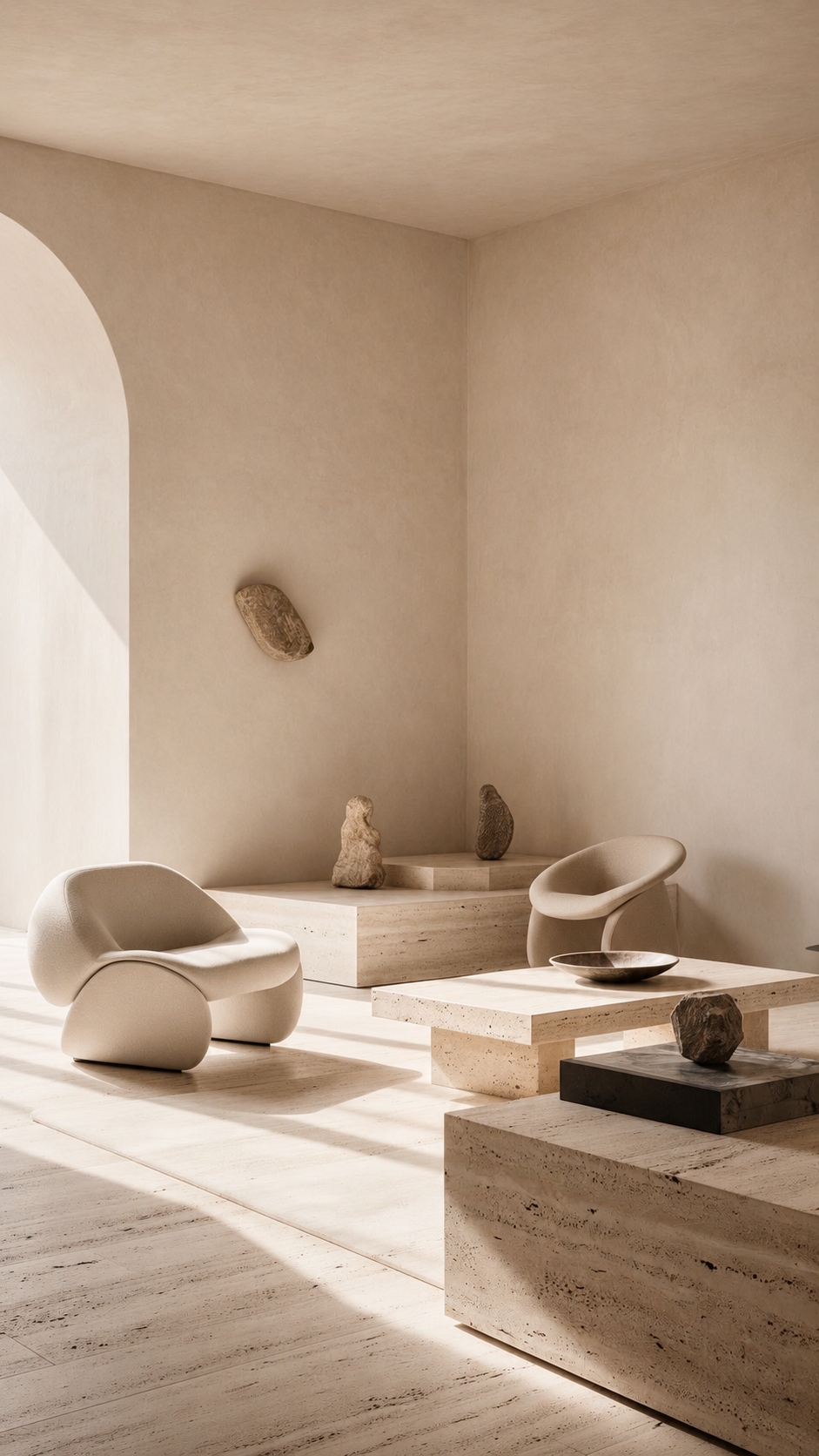 Curated minimalist interior with travertine surfaces and sculptural designer furniture